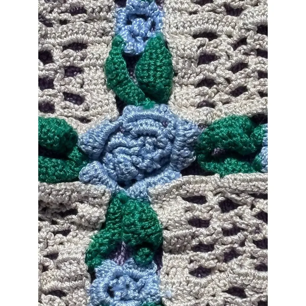 Handmade Crotchet Granny Square Vintage Cottage Core Blue Flowers 11x13